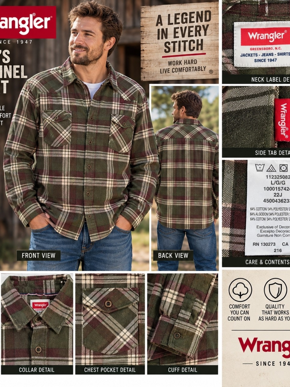 Wrangler Mens Large Plaid Western Shirt Green Burgundy Long Sleeve Workwear